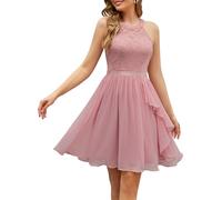WedTrend Vestido de cóctel elegante para boda, de una línea, con sujeción al cuello, volantes, vestido de noche para mujer, de longitud hasta la rodilla, de gasa, vestido de fiesta de graduación