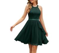 WedTrend Vestido de cóctel elegante para boda, de una línea, con sujeción al cuello, volantes, vestido de noche para mujer, de longitud hasta la rodilla, de gasa, vestido de fiesta de graduación
