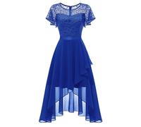 Wedtrend Vestido de noche para mujer, elegante, para boda, vestido de cóctel alto y bajo, de gasa, con encaje en A, vestido de graduación, vestido señora, midi largo, azul real, XL