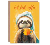 Wee Blue Coo Birthday Card But First Coffee Cute Happy Sloth Morning Ritual