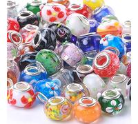 Weebee Cuentas de cristal de Murano con agujero grande, cuentas de cristal europeas, cuentas espaciadoras chapadas en plata, núcleos de pulsera para manualidades, joyería, 50 piezas mezcladas