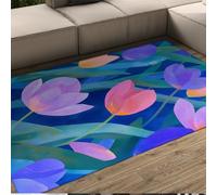 WEECHAINGE Alfombra 120x150cm Lavables Salón Alfombrilla Floral Azul Bohemia Flores Rosa Vibrante Morado sobre Fondo Profundo Tapete Abstracta con patrón geométrico Antideslizante de Pelo bajo para