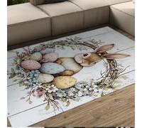 WEECHAINGE Alfombra 120x180cm Bunny Rabbit Alfombrilla de Huevos Pascua Felices para el salón Hermosa Corona lurnas Vintage con Textura Madera y Tapete Antideslizante Fina Ligera Lavable del