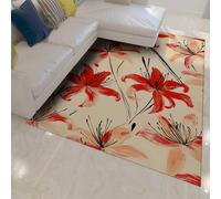 WEECHAINGE Alfombra 160x200cm Beige Flor de Lirio Rojo Alfombrilla Grandes para salón Estilo Pintura al óleo Vintage niñas Tapete del Dormitorio Felpuda Suave Lavable Antideslizante Oficina Balcón