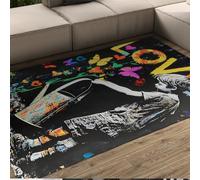 WEECHAINGE Alfombra 160x200cm Grafiti salón Lovely Boy regando Flores Alfombrilla Arte Abstracto para Dormitorio Tapete Negra Vintage Mariposas Colores Fina Antideslizante Lavable Cocina Patio