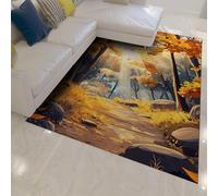 WEECHAINGE Alfombra 90x150cm salón Estilo Dibujos Animados Alfombrilla Bosque otoñal Pelo Corto Antideslizante Tapete Naranjo Camino Curvo impresión en Piedra Escena Exterior Blanda y sin para