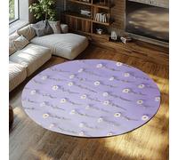 WEECHAINGE Alfombra de Comedor Redonda Morada Lavanda Margarita Blanca Flores Verdes Tallos Verdes Primavera Floral Botánico Círculo Alfombras Grandes para Decor Elegante del hogar 100cm