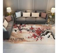WEECHAINGE Alfombra Paisaje Tinta China Flores Ciruelo Rojo y grullas Alfombrilla Zona Estética Tradicional Oriental Tapete Antideslizante para Lavar a máquina Pelo bajo Comedor la 60x90cm