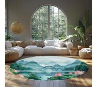 WEECHAINGE Alfombra Redonda de Paisaje Chino Lotus Bridge Alfombra Lavable para Sala de Estar o Dormitorio Alfombra de Piso de Escena de montaña Tranquila Suave Antideslizante 120cm