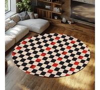 WEECHAINGE Alfombras de área Redondas Lavables Retro Checkerboard con Acentos Rojos Alfombras de círculo Delgado de Pelo bajo Modernas Que no se desprenden para Sala de Estar y baño 100cm