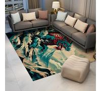 WEECHAINGE Alfombras de Sala de Estar pequeña 160x230cm Alfombra de área de diseño japonés Felpudos Antideslizantes para Sala de Estar Dormitorio Estilo Ukiyo-E Dragón de montaña y mar Temático