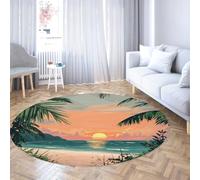 WEECHAINGE Alfombras Redondas Isla Tropical 120cm Palmera Playa Vista al Atardecer Alfombra Circular para salón Dormitorio alfombras Fina Antideslizante Lavable
