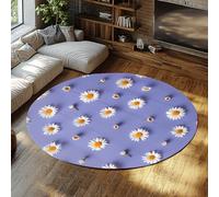 WEECHAINGE Alfombras Redondas moradas para Piso de Cocina Flores Blancas de Margaritas Centros Amarillos Primavera Floral Bloom Alfombra de Pasillo Resistente a Las Manchas Decor de Comedor 180cm