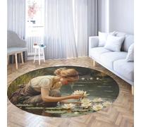 WEECHAINGE Alfombras Redondas Pretty Woman 135cm Felpudo de Loto Blanco Estanque con temática Oriental y moqueta de mesilla Suave con Fondo Antideslizante para Dormitorio