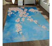 WEECHAINGE Alfombras salón Cherry Blossoms 120x180cm Alfombras Estilo japonés con Flores Sakura decoración degradada Azul Alfombra Lavable para Dormitorio Estudio Oficina