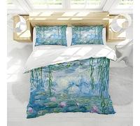 WEECHAINGE Claude Monet Willow Verde Nenúfar Rosa Juego de Fundas nórdicas 3 Piezas All Seasons Funda de edredón Suave y 2 Fundas de Almohada 4 Lazos de Esquina 135x200 cm