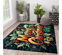 WEECHAINGE Felpudo Feliz Navidad 160x230cm Holhas Acebo Decoración navideña Alfombra Antideslizante Lavable Interior Pelo bajo bajo bajo para salón y Cocina bajo la Mesa