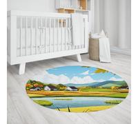 WEECHAINGE Paisaje Rural otoñal Alfombra Redonda de Cocina 80cm Cabaña rústica Campo de Trigo Granja Alfombra Lavable alfombras Antideslizantes de círculo Delgado para salón.