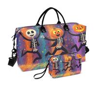 Weekender Bags - Bolsa de viaje para gimnasio, diseño de esqueleto tonto bailando con brillantes Jack-o'-Lantern Friends Dynamic Confetti Stripes in The Backgro bolsa de mano con bolsa de aseo para