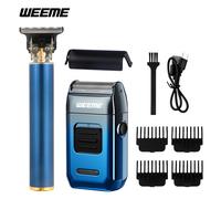 WEEME Afeitadora Eléctrica y Recortadora de Pelo , Kit de para Hombre con Carga USB, 4 Peines Guía, para Barba, Cabello y Patillas | Diseño Azul de Moda