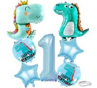 Weenkeey 1 Año Dinosaurio Globos de Cumpleaños Gran bebé dinosaurio de aluminio Foilballoon Número 1 Globo de para Dino temática la fiesta los niños las niñas Decoración cumpleaños - Azul claro