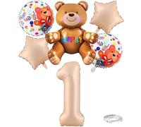 Weenkeey 1 Año Oso Globos de Cumpleaños Globo de Aluminio Oso Gigante Numero 1 Globo Mylar 3D Globo Sentado para Fiesta Tematica Oso Cumpleaños Baby Shower Decoración - Caramelo