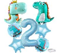 Weenkeey 2 Años Dinosaurio Globos de Cumpleaños Gran bebé dinosaurio de aluminio Foilballoon Número 2 Globo de para Dino temática la fiesta los niños las niñas Decoración cumpleaños - Azul claro