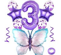 Weenkeey 3 Años Mariposa Globos de cumpleaños Mariposa gigante púrpura Globo papel aluminio Número 3 Globo de para Mariposa Tema de la fiesta Suministros Baby Shower Niñas Cumpleaños Decoración