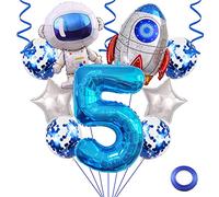 Weenkeey 5 años astronauta cohete cumpleaños globo fiesta espacial exterior globo gigante Globo de lámina de astronauta globo azul helio 5 estrella Globo para la decoración de la fiesta de cumpleaños