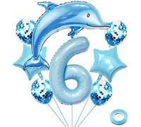 Weenkeey 6 Años Delfín Globos Cumpleaños Delfín Gigante Globo Papel Aluminio Número 6 Globo Globos Animales del Océano para Fiestas Temáticas del Océano Decoración para Cumpleaños Niños - Azul Claro