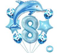 Weenkeey 8 Años Delfín Globos Cumpleaños Delfín Gigante Globo Papel Aluminio Número 8 Globo Globos Animales del Océano para Fiestas Temáticas del Océano Decoración para Cumpleaños Niños - Azul Claro