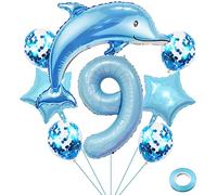 Weenkeey 9 Años Delfín Globos Cumpleaños Delfín Gigante Globo Papel Aluminio Número 9 Globo Globos Animales del Océano para Fiestas Temáticas del Océano Decoración para Cumpleaños Niños - Azul Claro