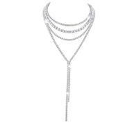 Weenkeey Collar largo de diamantes de imitación en capas Cadenas de diamantes de imitación Y Collar de Cristal Brillante Collares Cadena para Mujeres Niñas - Plata, Metal, Diamantes de imitación