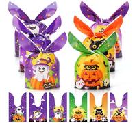 Weenkilly 100 bolsas de golosinas de Halloween, 6 estilos de bolsas de dulces para niños, bonitas bolsas de plástico con orejas de conejo, bolsas de regalo de Halloween para truco o trato, regalos de