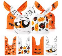 Weenkilly 100 bolsas de regalo de Halloween, 4 estilos de bolsas de dulces para niños, bonitas bolsas de plástico con orejas de conejo, bolsas de Halloween para truco o trato, regalos de fiesta