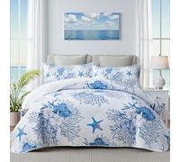 weesire Coastal - Edredón tamaño King con 2 Fundas, Juegos de edredón náutico, colchas oceánicas, Colcha Azul con Estrellas de mar, Ropa de Cama de Verano, 96 x 106 Pulgadas