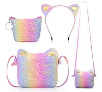 Weewooday 3 Piezas Set de Bolso de Hombro de Gato Diadema Monedero Bolso de Mano de Gato Lindo con Mini Monedero Diadema para Niñas Día del Niño Cumpleaños (Color de Arcoíris Brillante)