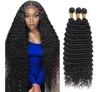 Weeybay Deep Wave Human Hair Bundles Cabello Humano Natural #1B Black Color Human Hair Extensiones De Pelo Humano Double Weft Weave 50g/Paquete 18 20 22 Pulgadas