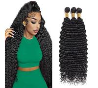 Weeybay Deep Wave Human Hair Bundles Cabello Humano Natural #1B Black Color Human Hair Extensiones De Pelo Humano Double Weft Weave 50g/Paquete 20 22 24 Pulgadas