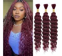 Weeybay Extensiones De Pelo Humano Deep Wave Human Braiding Hair for Boho Braids #99J Burgundy Color Cabello Humano Natural Human Hair Extensions No Weft Weave 50g/Piece 20 20 20 Pulgadas