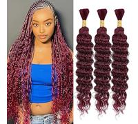Weeybay Extensiones De Pelo Humano Deep Wave Human Braiding Hair for Boho Braids #99J Burgundy Color Cabello Humano Natural Human Hair Extensions No Weft Weave 50g/Piece 28 28 28 Pulgadas