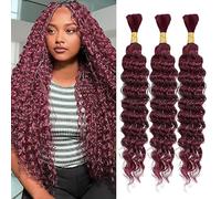 Weeybay Extensiones De Pelo Humano Deep Wave Human Braiding Hair for Boho Braids #99J Burgundy Color Cabello Humano Natural Human Hair Extensions No Weft Weave 50g/Piece 12 12 12 Pulgadas