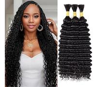 Weeybay Extensiones De Pelo Humano Deep Wave Human Braiding Hair for Boho Braids Natural Black #1B Color Cabello Humano Natural Human Hair Extensions No Weft Weave 50g/Piece 32 32 32 Pulgadas
