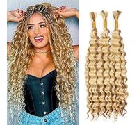 Weeybay Extensiones De Pelo Humano Deep Wave Human Braiding Hair for Boho Braids P27/613 Highlight Blonde Color Cabello Humano Natural Human Hair Extensions No Weft Weave 50g/Piece 24 24 24 Pulgadas