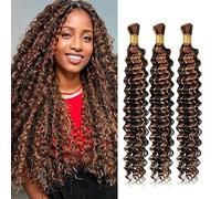 Weeybay Extensiones De Pelo Humano Deep Wave Human Braiding Hair for Boho Braids P430 Highlight Brown Color Cabello Humano Natural Human Hair Extensions No Weft Weave 50g/Piece 24 24 24 Pulgadas