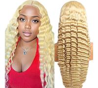 Weeybay Peluca de pelo humano para mujer, peluca de pelo humano de onda profunda, rubio, 4 x 4, cierre de encaje 613, color 150% densidad sin procesar, sin pegamento, 20 pulgadas
