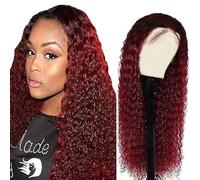 Weeybay Peluca de pelo humano para mujer, peluca de pelo humano rizado, 4 x 4, cierre de encaje, color negro a burdeos, 150 % densidad sin procesar, sin pegamento, 30 pulgadas