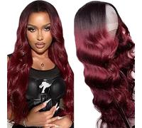 Weeybay Pelucas Mujer Pelo Cabello Humano Natural Body Wave Human Hair Wig Glueless 4x4 Lace Closure Wig Ombre Black to Burgundy Color Unprocessed Hair Cabello Humano 20 Inch