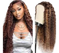 Weeybay Pelucas Mujer Pelo Natural Humano Bone Curly Wave Human Hair Wig 4X1 Lace Closure Cabello Humano Glueless Wear and Go with Baby Hair Bleached Knot Highlight Brown Color 28 Inch