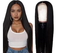 Weeybay Pelucas Mujer Pelo Natural Humano Straight Human Hair Wig 4X1 Lace Closure Cabello Humano with Baby Hair Glueless Wear and Go Bleached Knot Natural Black Color 34 Inch